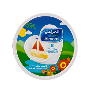 Almarai cream cheese triangles, 8-piece pack, displayed in a round blue package with fresh ingredients in the background