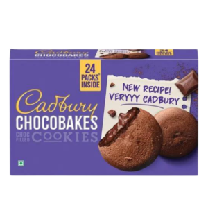 Cadbury Chocobakes Cookies 24-pack box with choco-filled cookies, featuring a new and richer Cadbury chocolate recipe